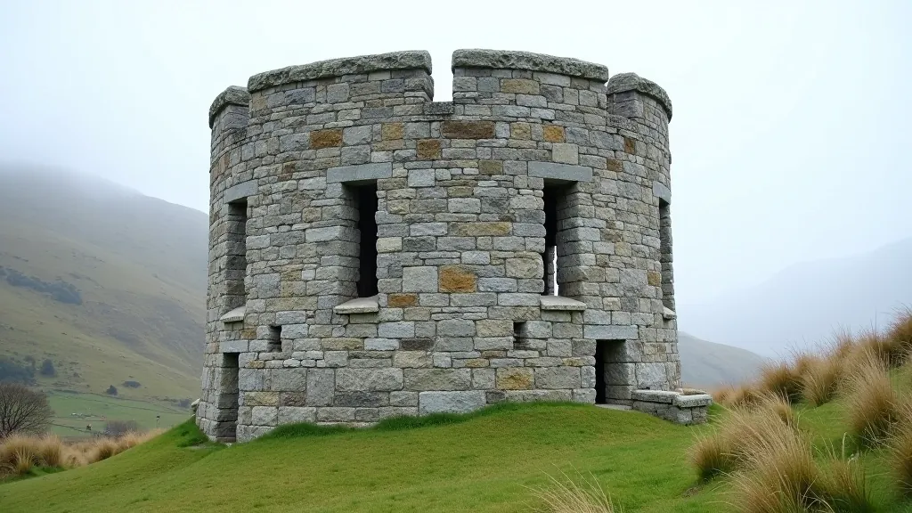Close-up view of ancient round tower at Glendalough monastery showing weathered stone construction and narrow window openings