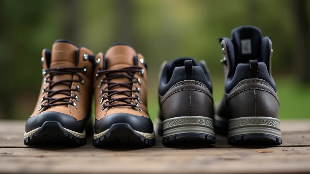 Side view of hiking boots and shoes arranged to show different support structures and heel cup designs