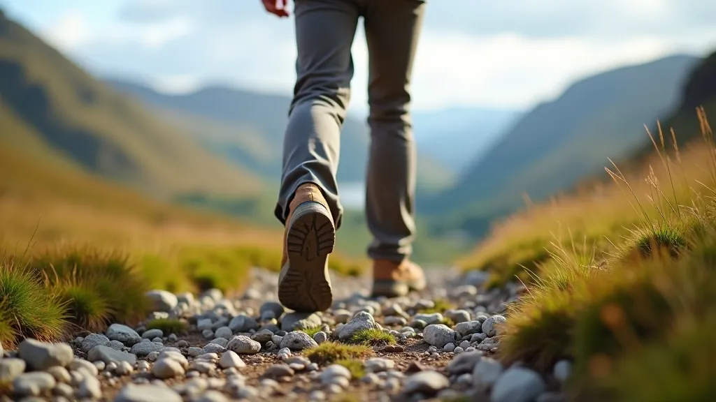 Overhead view of hiking boots on rocky trail with mountain landscape in distance