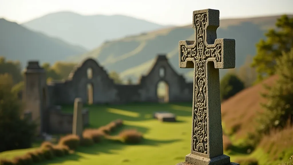 Detailed close-up of ancient Celtic stone crosses and monastic ruins at Glendalough