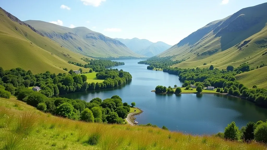 Scenic view of Glendalough valley showing two lakes surrounded by mountains with ancient monastery ruins visible on the hillside in County Wicklow Ireland