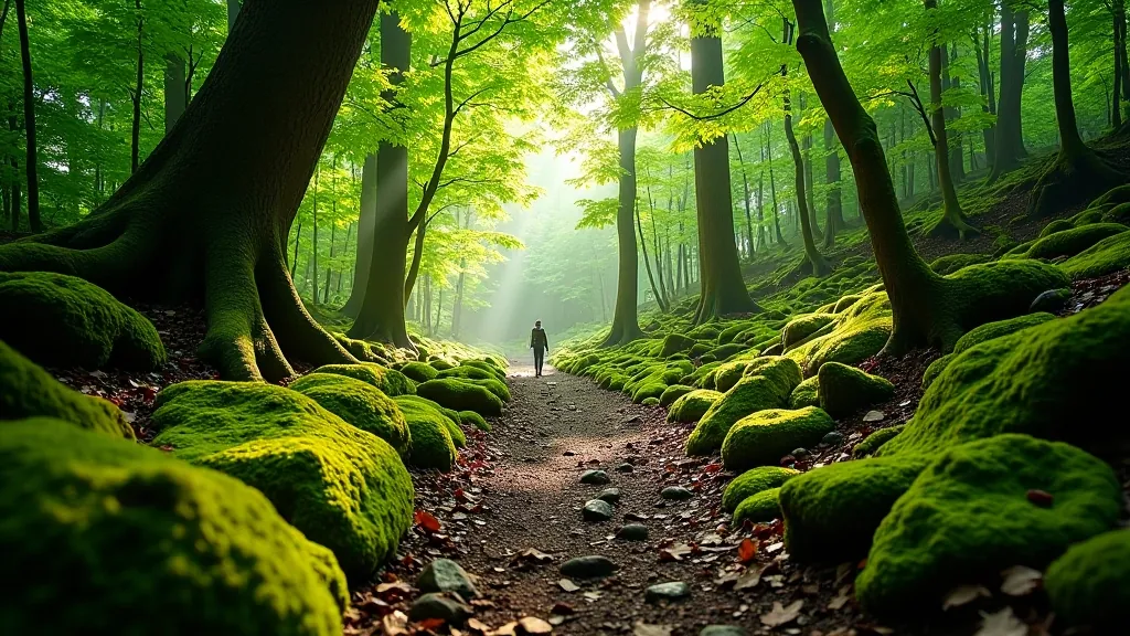 Peaceful woodland trail with dappled sunlight filtering through tree canopy, green moss on forest floor