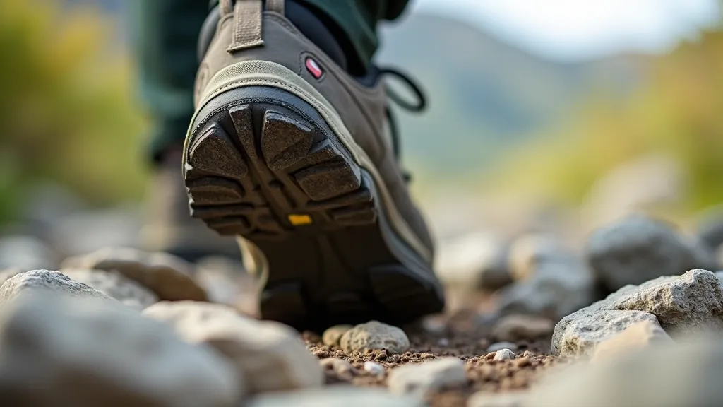 Close-up detail of shoe sole showing tread pattern and grip texture on a rocky surface