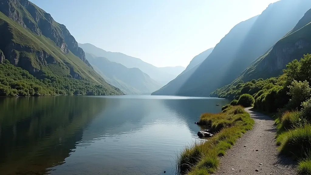 Peaceful lakeside view with water, mountains reflected, and hiking trail visible along the shore