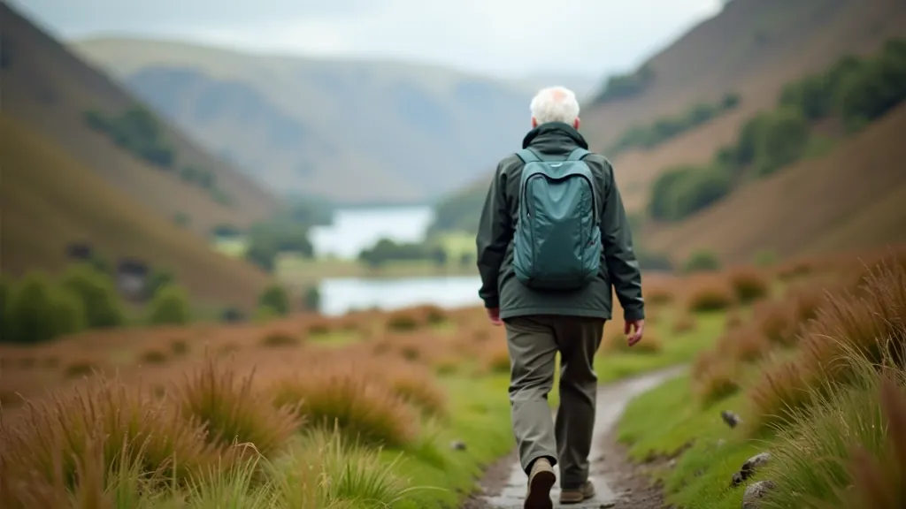 Visitor walking on scenic pathway through Glendalough valley with lake visible and mountains in the background