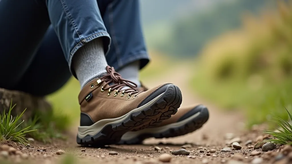 Close-up of older adult's feet wearing comfortable walking shoes on trail