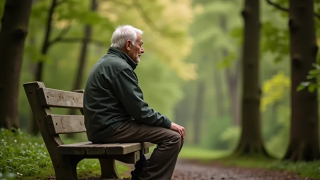 Older adult resting on wooden bench during hiking break overlooking scenic valley