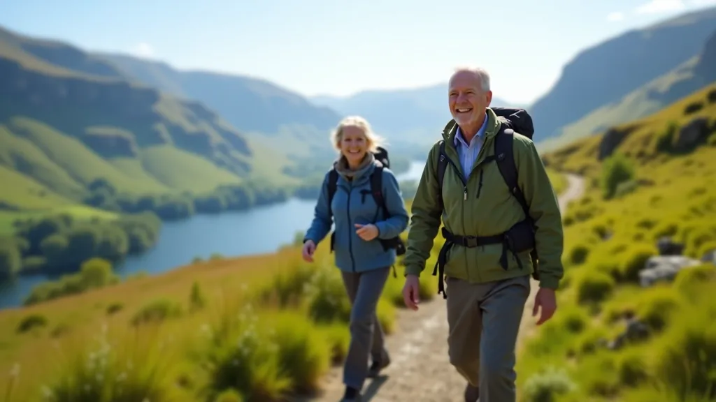 Older adults enjoying a leisurely hike on a scenic trail in natural surroundings