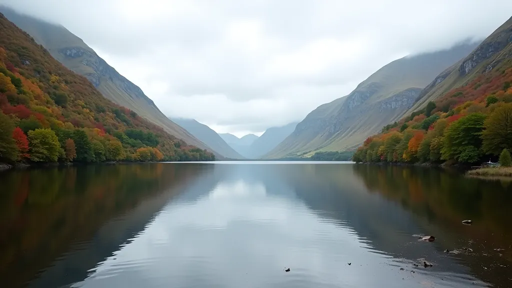 Scenic view of Glendalough's lower lake with mountains reflected in calm water, autumn foliage along shoreline