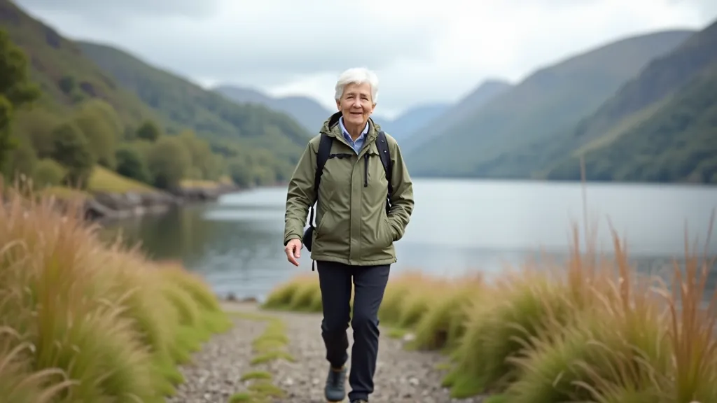 Woman hiking at Glendalough lakeside trail surrounded by mountain scenery